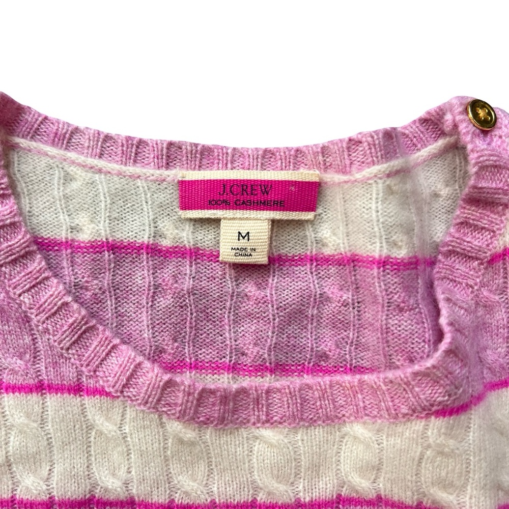 J.Crew Cable-knit Cashmere Crewneck Sweater Pink White Stripe Shoulder Buttons M - Picture 4 of 8